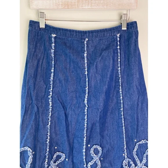 Reba Womens Denim Midi Skirt M Cowgirl Boho Festival Studded Pull On Cottagecore - Picture 2 of 9